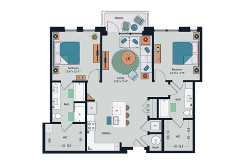 Floor plan for 2 beds, 2 baths, 1388 sqft